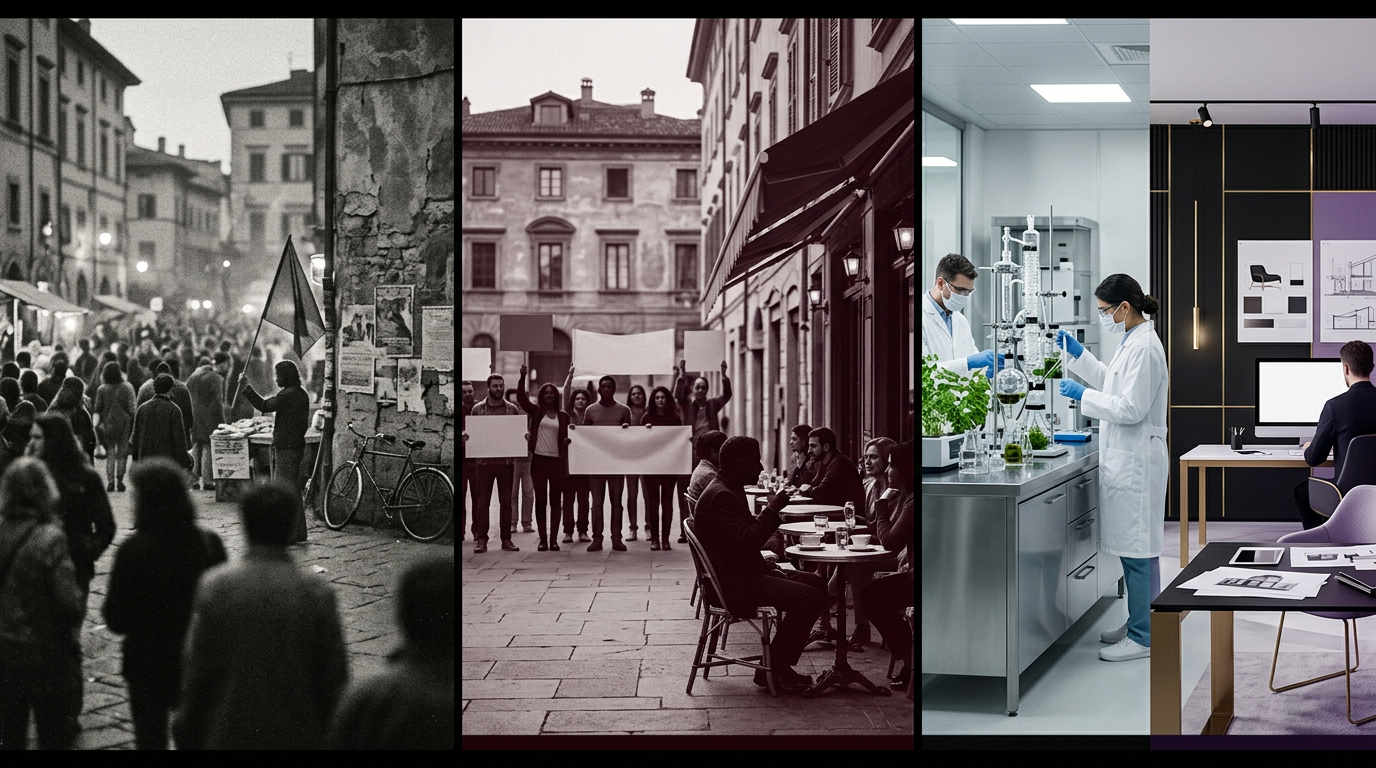 Editorial timeline from vintage counterculture imagery to peaceful reform movements and modern hemp innovation
